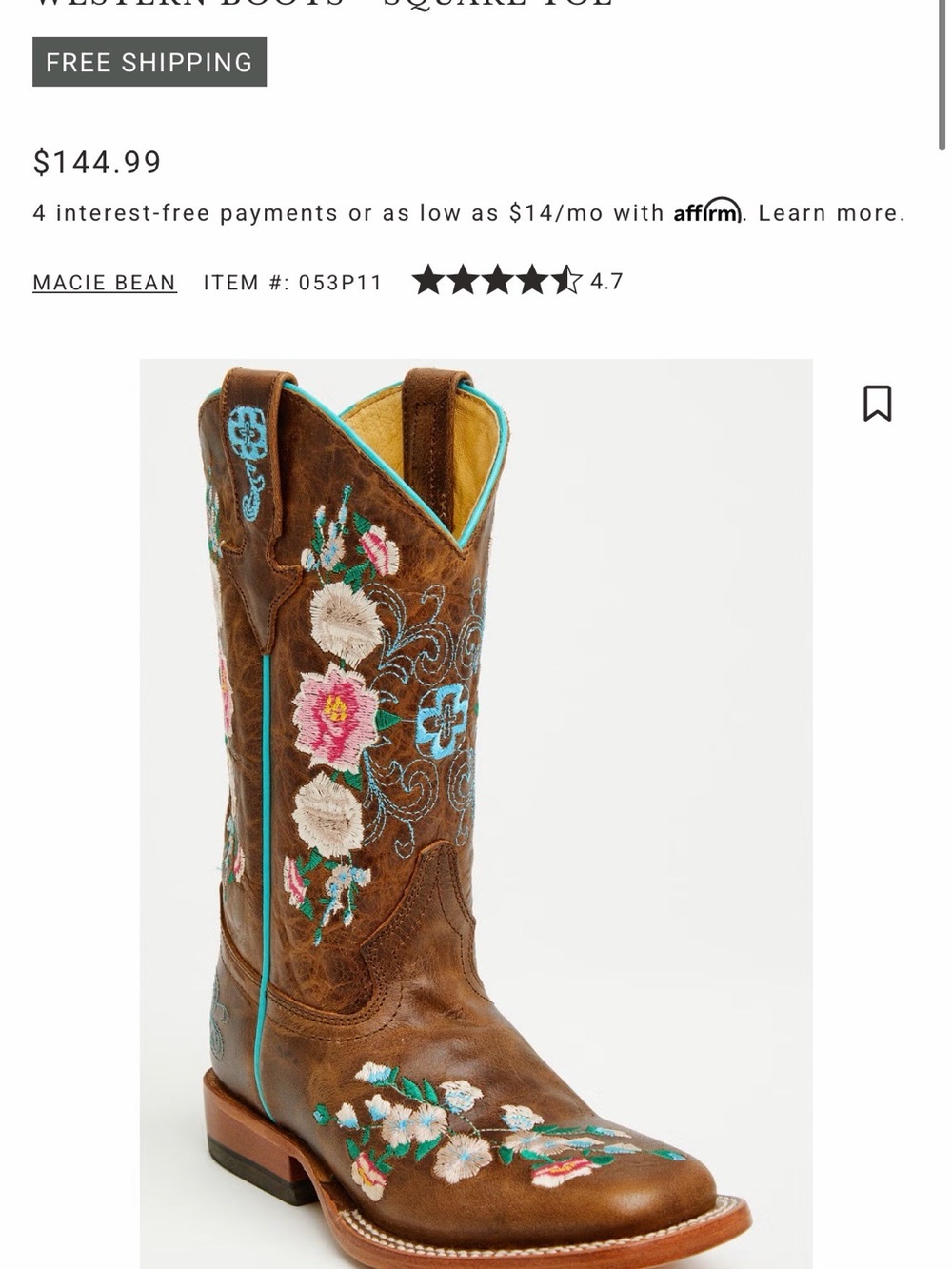 Macie Bean Brown Leather girl Cowboy Boots with flower embroidery